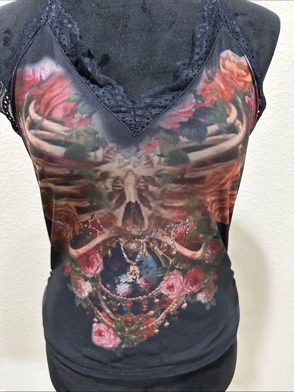 Black Floral Skull Lace-Trim Halter Top - Picture 2 of 3